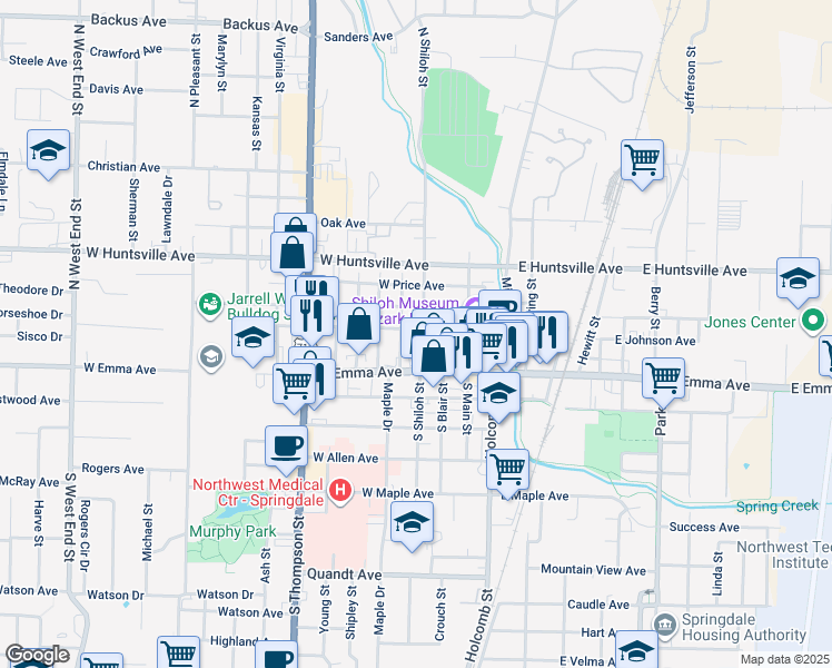 map of restaurants, bars, coffee shops, grocery stores, and more near 409 West Johnson Avenue in Springdale