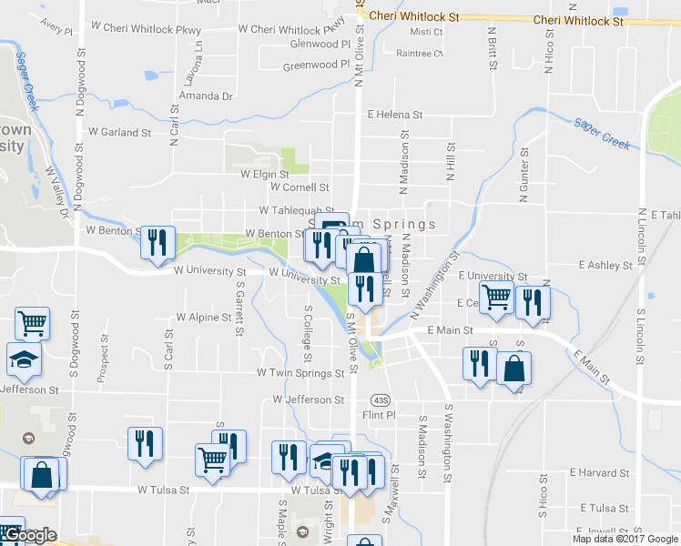 map of restaurants, bars, coffee shops, grocery stores, and more near 107 West University Street in Siloam Springs