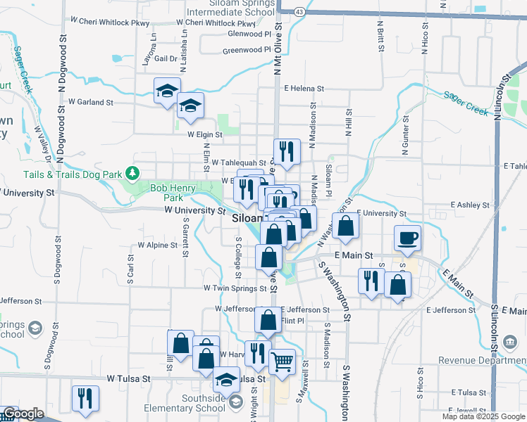 map of restaurants, bars, coffee shops, grocery stores, and more near 107 West University Street in Siloam Springs