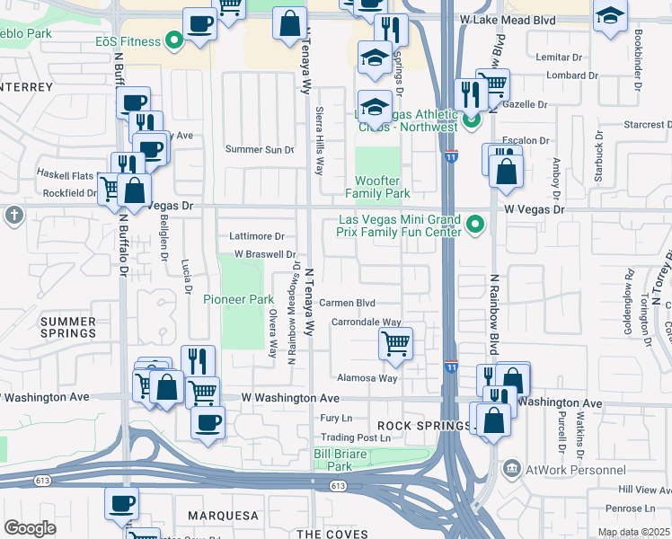 map of restaurants, bars, coffee shops, grocery stores, and more near 1328 Bittersweet Circle in Las Vegas