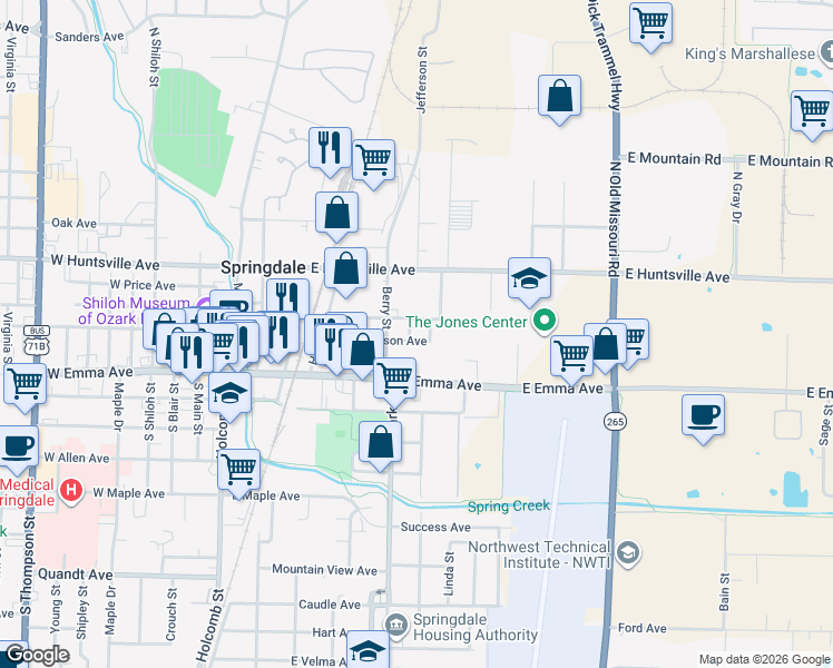 map of restaurants, bars, coffee shops, grocery stores, and more near 701-799 East Johnson Avenue in Springdale