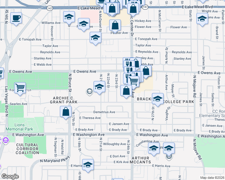 map of restaurants, bars, coffee shops, grocery stores, and more near 1324 North 22nd Street in Las Vegas