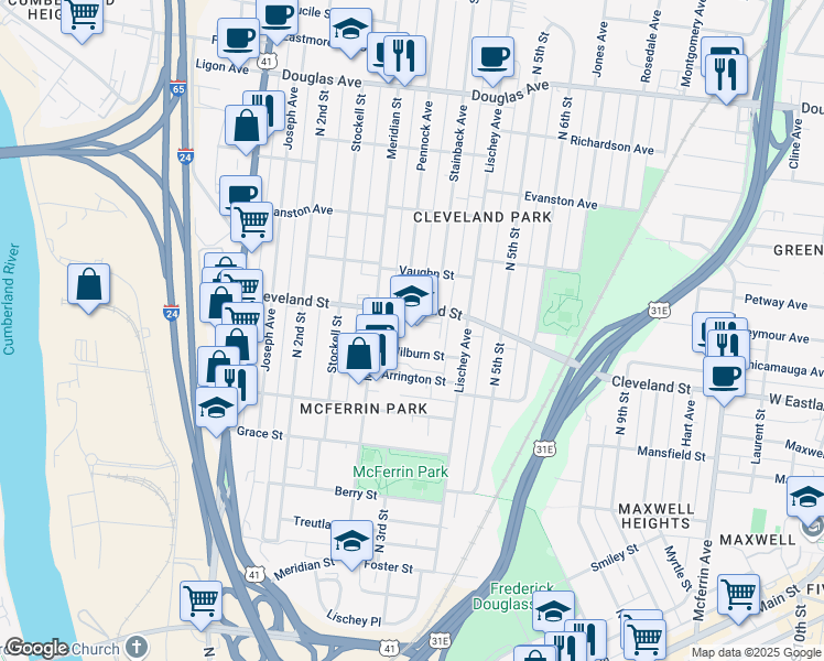 map of restaurants, bars, coffee shops, grocery stores, and more near 322 Cleveland Street in Nashville