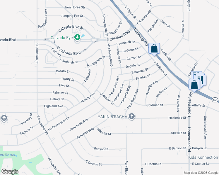 map of restaurants, bars, coffee shops, grocery stores, and more near 391 South Mount Charleston Drive East in Pahrump