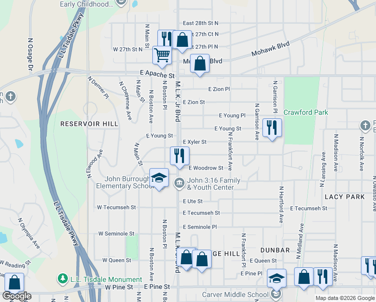 map of restaurants, bars, coffee shops, grocery stores, and more near 219 East Woodrow Place in Tulsa