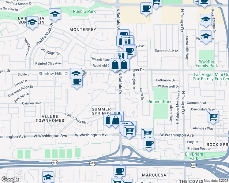 map of restaurants, bars, coffee shops, grocery stores, and more near 7628 Pacific Hills Avenue in Las Vegas