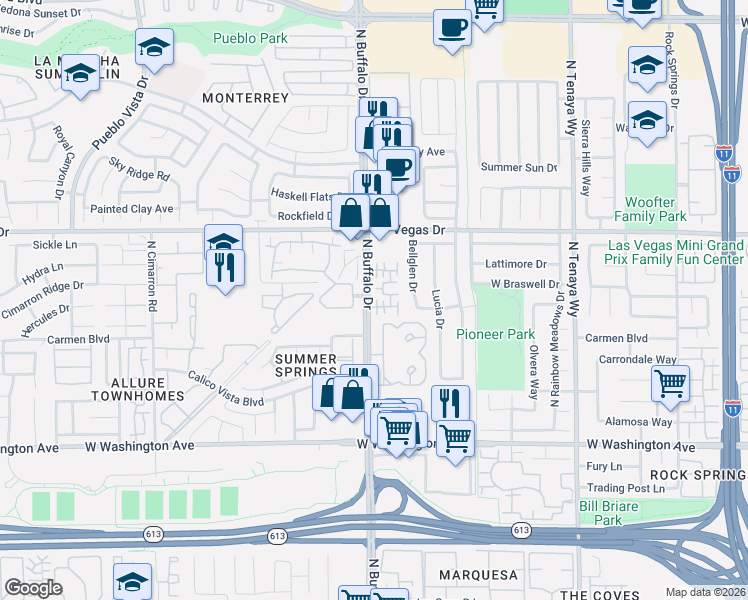 map of restaurants, bars, coffee shops, grocery stores, and more near 1413 Bow Creek Court in Las Vegas