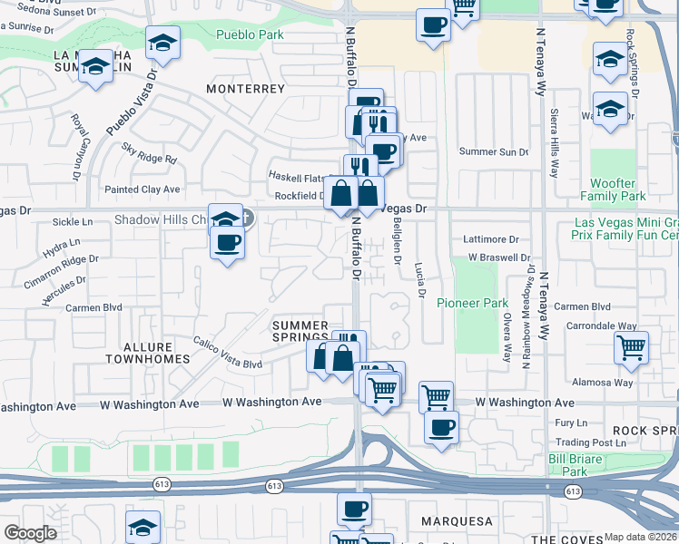 map of restaurants, bars, coffee shops, grocery stores, and more near 7628 Pacific Hills Avenue in Las Vegas