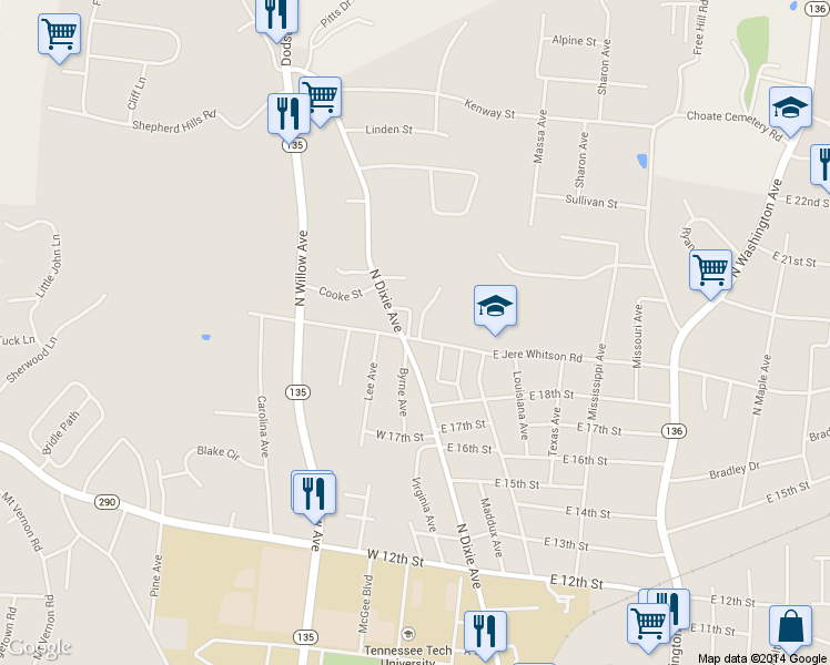 map of restaurants, bars, coffee shops, grocery stores, and more near 1874 North Dixie Avenue in Cookeville