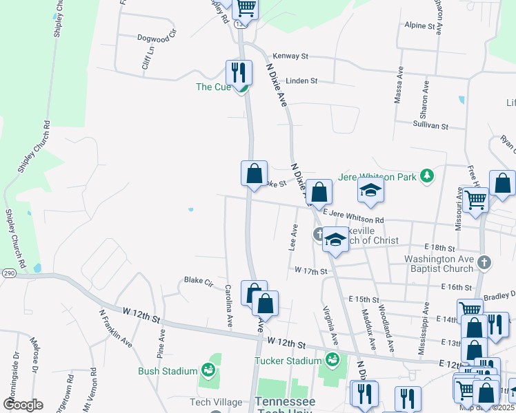map of restaurants, bars, coffee shops, grocery stores, and more near 1880 North Whitney Avenue in Cookeville