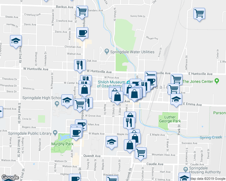 map of restaurants, bars, coffee shops, grocery stores, and more near 126 North Shiloh Street in Springdale