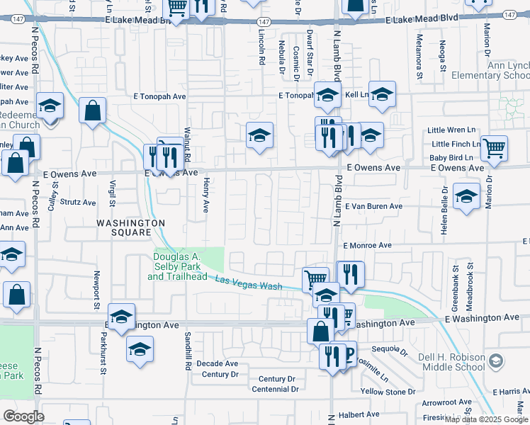 map of restaurants, bars, coffee shops, grocery stores, and more near 1501 Linnbaker Lane in Las Vegas