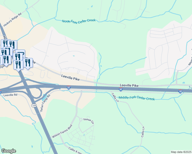 map of restaurants, bars, coffee shops, grocery stores, and more near 5790 Leeville Pike in Lebanon