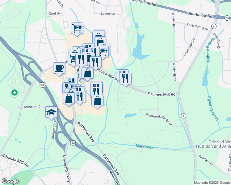 map of restaurants, bars, coffee shops, grocery stores, and more near 4535 Brassfield Drive in Winston-Salem