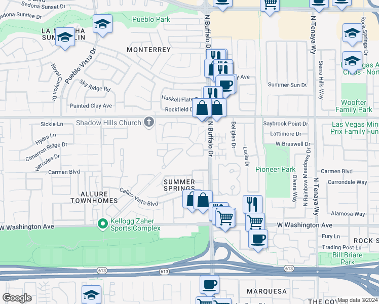 map of restaurants, bars, coffee shops, grocery stores, and more near 7632 Pacific Hills Avenue in Las Vegas