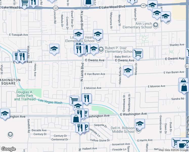 map of restaurants, bars, coffee shops, grocery stores, and more near 4438 East Van Buren Avenue in Las Vegas