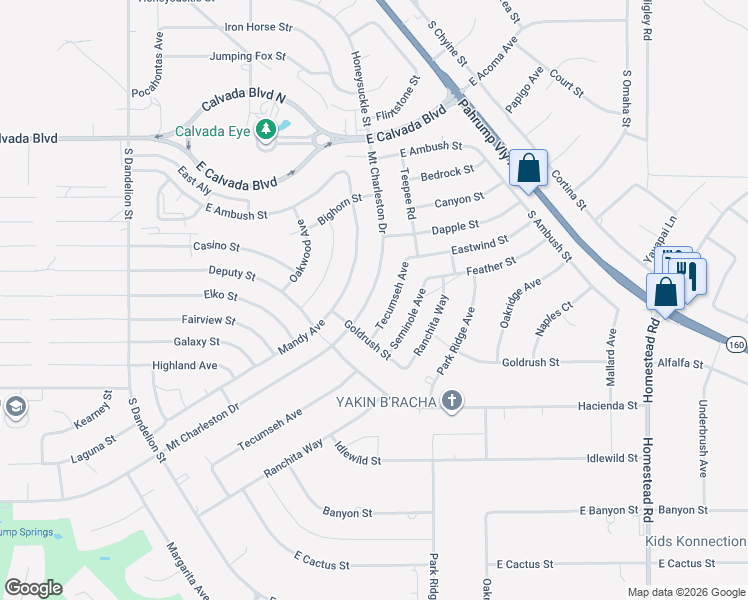 map of restaurants, bars, coffee shops, grocery stores, and more near 391 South Mount Charleston Drive East in Pahrump