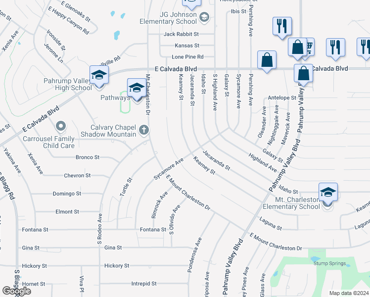 map of restaurants, bars, coffee shops, grocery stores, and more near 2270 Kearney Street in Pahrump