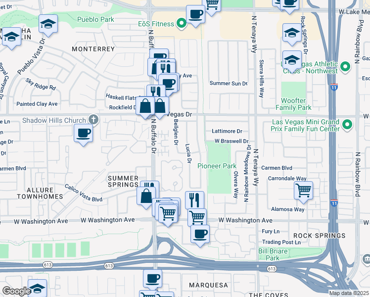 map of restaurants, bars, coffee shops, grocery stores, and more near 1349 Lucia Drive in Las Vegas