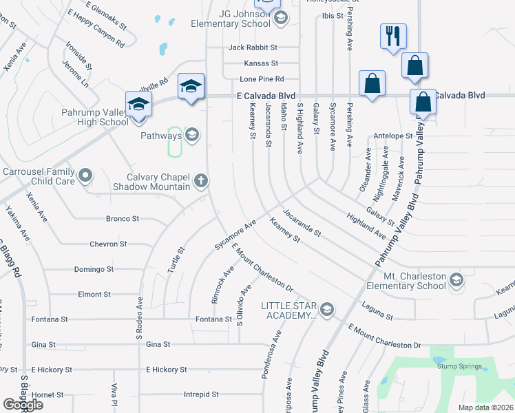 map of restaurants, bars, coffee shops, grocery stores, and more near 2270 Kearney Street in Pahrump