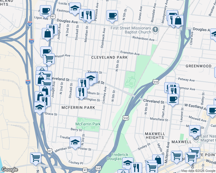 map of restaurants, bars, coffee shops, grocery stores, and more near 825 Lischey Avenue in Nashville