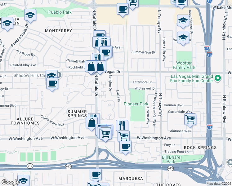 map of restaurants, bars, coffee shops, grocery stores, and more near 1349 Lucia Drive in Las Vegas