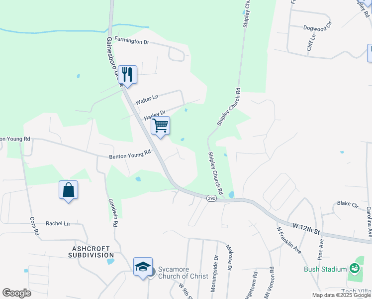 map of restaurants, bars, coffee shops, grocery stores, and more near 1505 Gentry Lane in Cookeville