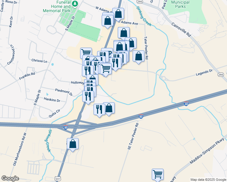 map of restaurants, bars, coffee shops, grocery stores, and more near 117 Cedarwood Drive in Lebanon