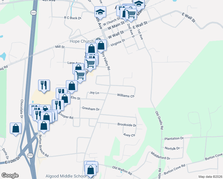 map of restaurants, bars, coffee shops, grocery stores, and more near 250 Dry Valley Road in Cookeville