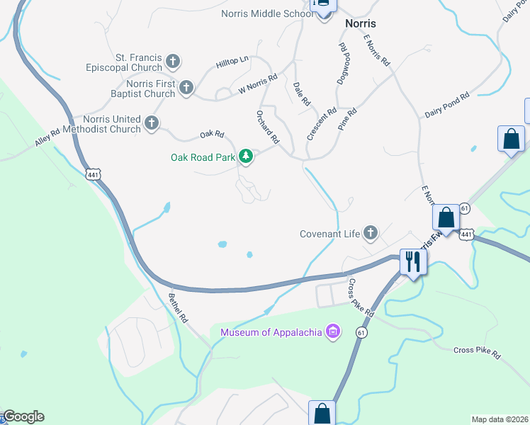 map of restaurants, bars, coffee shops, grocery stores, and more near 200 Oak Road in Powell