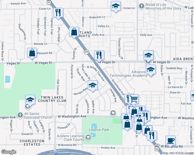 map of restaurants, bars, coffee shops, grocery stores, and more near 1228 Purple Sage Avenue in Las Vegas