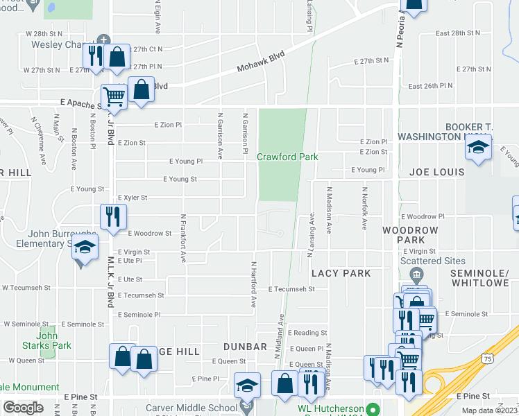 map of restaurants, bars, coffee shops, grocery stores, and more near 2201 North Hartford Avenue in Tulsa