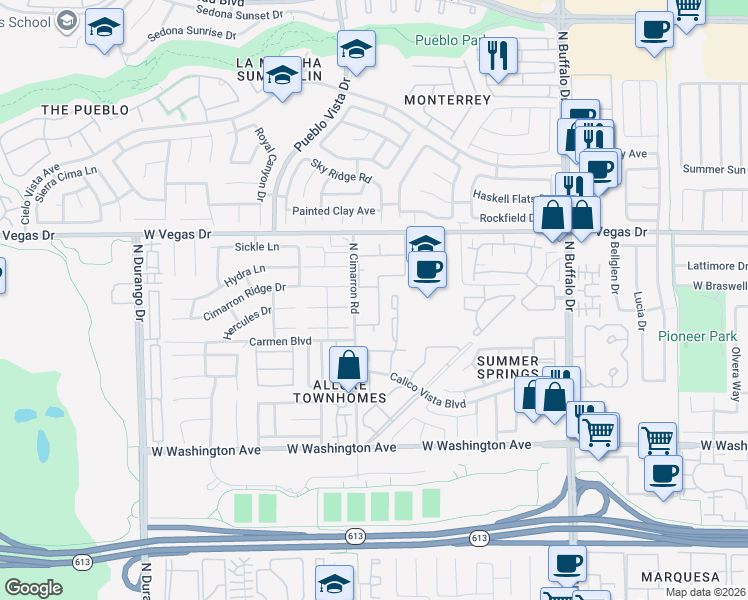 map of restaurants, bars, coffee shops, grocery stores, and more near 1341 Cinder Rock Drive in Las Vegas
