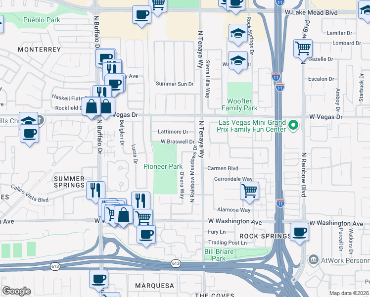map of restaurants, bars, coffee shops, grocery stores, and more near 1320 Olvera Way in Las Vegas