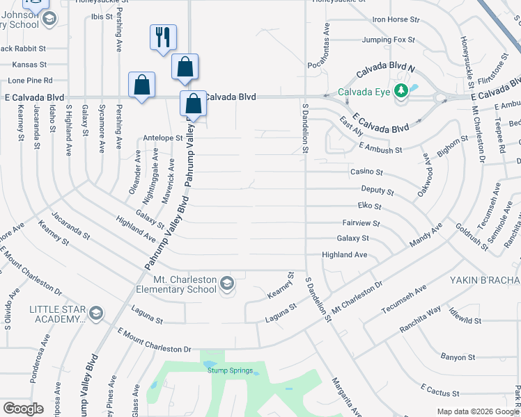 map of restaurants, bars, coffee shops, grocery stores, and more near 1641 Elko Street in Pahrump