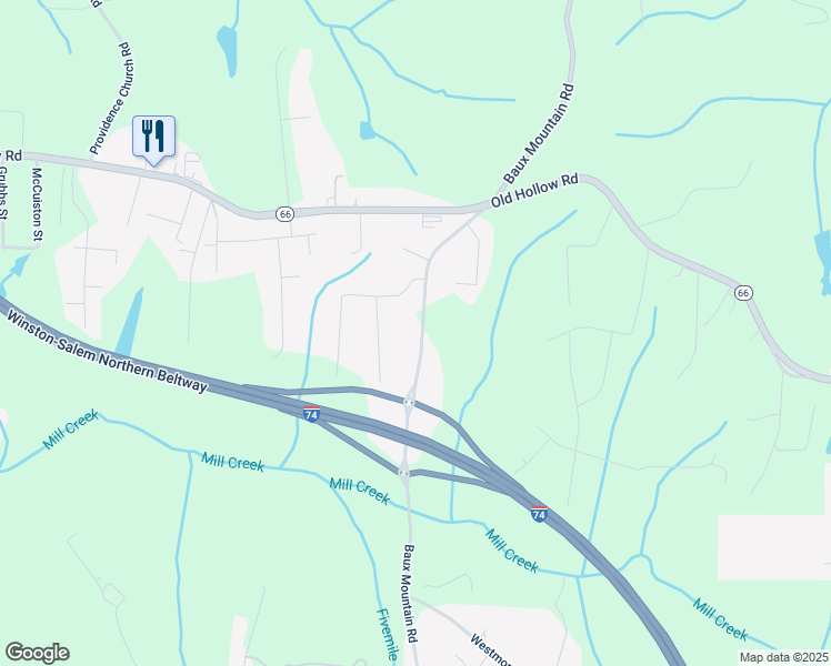 map of restaurants, bars, coffee shops, grocery stores, and more near 5052 Baux Mountain Road in Winston-Salem