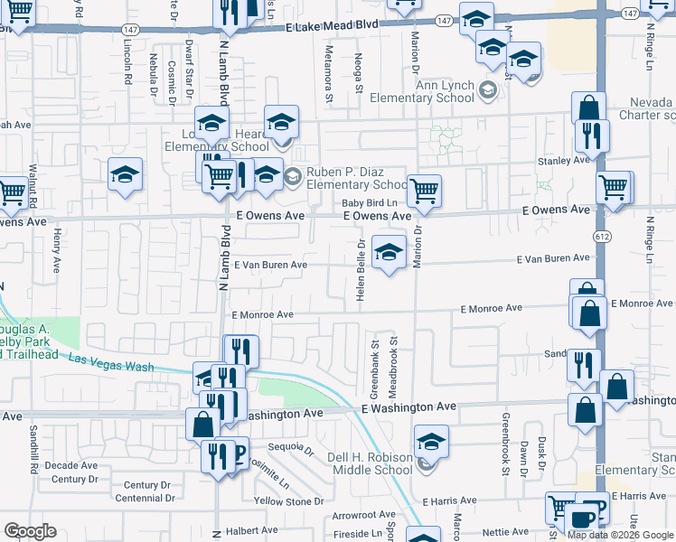 map of restaurants, bars, coffee shops, grocery stores, and more near 1432 Dresden Doll in Las Vegas