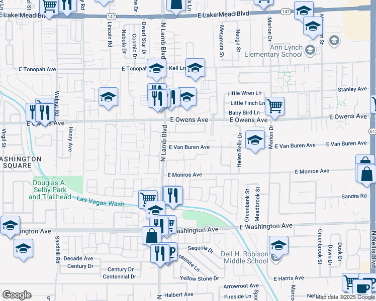 map of restaurants, bars, coffee shops, grocery stores, and more near 4438 East Van Buren Avenue in Las Vegas
