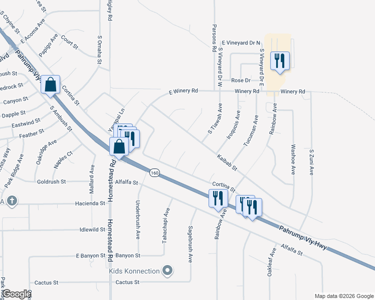 map of restaurants, bars, coffee shops, grocery stores, and more near 2240 Arado Lane in Pahrump