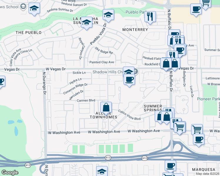 map of restaurants, bars, coffee shops, grocery stores, and more near 132 North Cimarron Road in Las Vegas