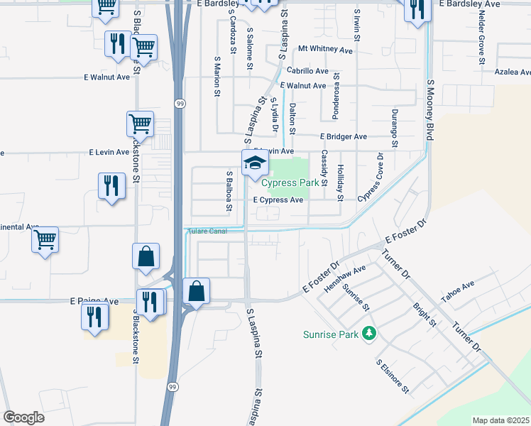 map of restaurants, bars, coffee shops, grocery stores, and more near 1501 East Cypress Avenue in Tulare