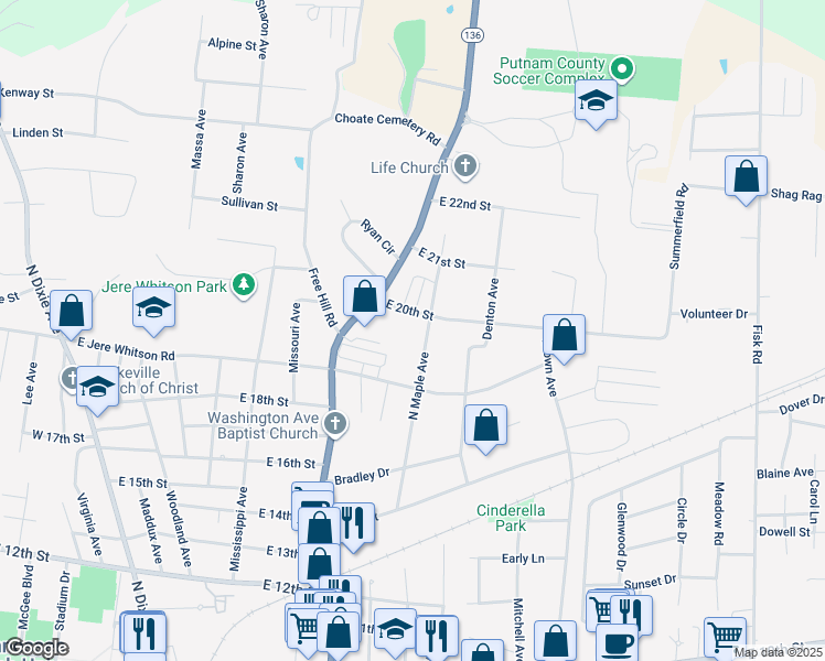 map of restaurants, bars, coffee shops, grocery stores, and more near 1940 North Washington Avenue in Cookeville