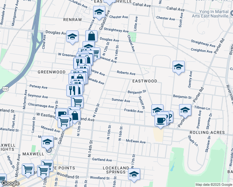 map of restaurants, bars, coffee shops, grocery stores, and more near 1425 Sumner Avenue in Nashville