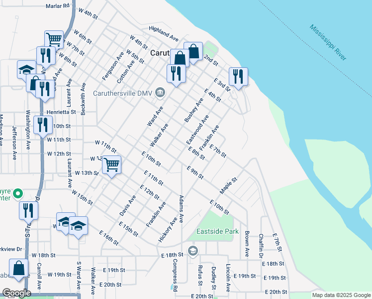 map of restaurants, bars, coffee shops, grocery stores, and more near 809 Eastwood Avenue in Caruthersville