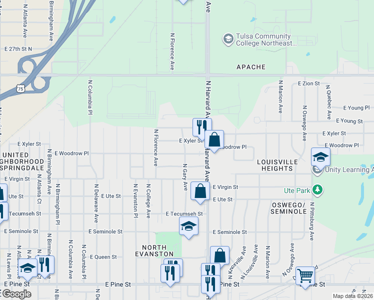 map of restaurants, bars, coffee shops, grocery stores, and more near 3220 E Woodrow Pl in Tulsa