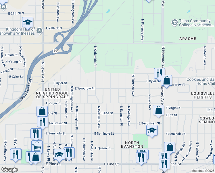 map of restaurants, bars, coffee shops, grocery stores, and more near 2149 North Delaware Avenue in Tulsa