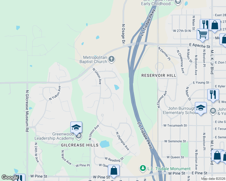 map of restaurants, bars, coffee shops, grocery stores, and more near 1334 West Woodrow Street in Tulsa
