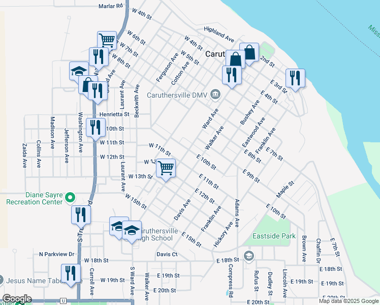 map of restaurants, bars, coffee shops, grocery stores, and more near 1011 Ward Avenue in Caruthersville