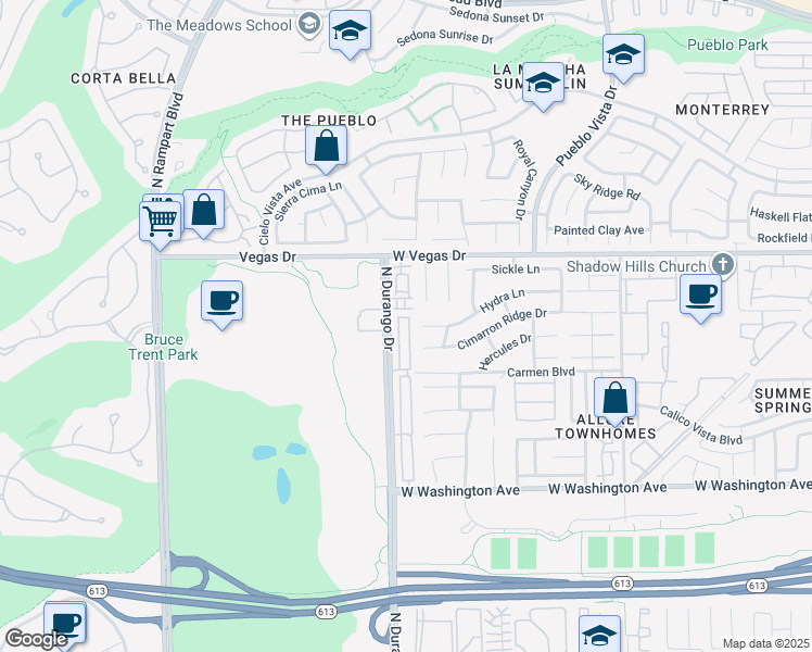 map of restaurants, bars, coffee shops, grocery stores, and more near 1347 Dusty Creek Street in Las Vegas