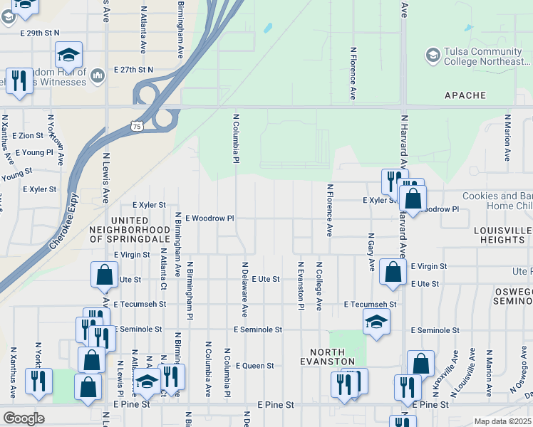 map of restaurants, bars, coffee shops, grocery stores, and more near 2149 North Delaware Avenue in Tulsa